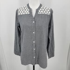 Linda Anderson Blouse Womens Medium Black White Gingham Floral Crochet Button Up